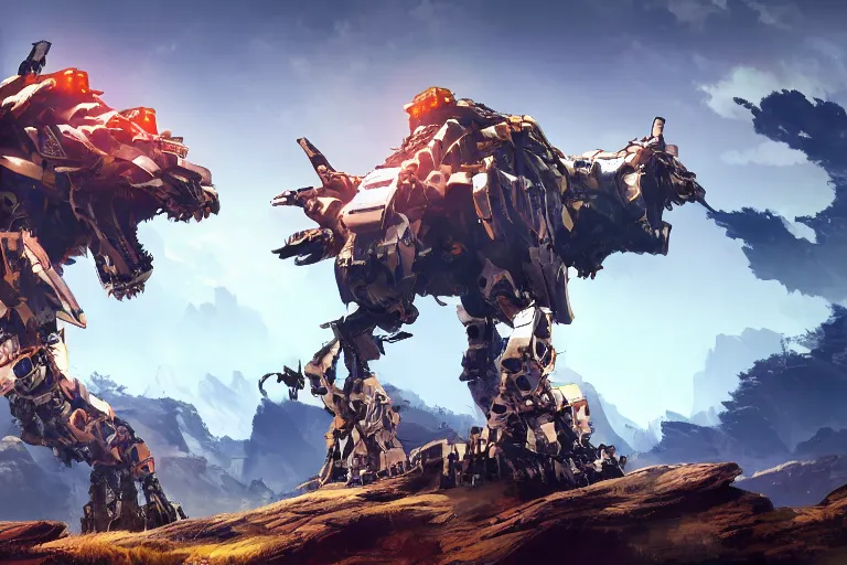 Image similar to sawtooth machine mecha animal beast robot of horizon forbidden west horizon zero dawn bioluminiscence global illumination ray tracing hdr fanart arstation by sung choi and eric pfeiffer and gabriel garza and casper konefal