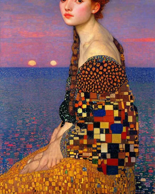 Prompt: a beautiful girl watching the sunset surrounded by colourful intricate patterns, by gustave klimt edgar maxence and caravaggio and michael whelan, intricate painting, hyper realistic, extremely detailed and beautiful aesthetic face, 8 k resolution