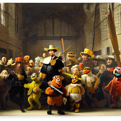 Prompt: the painting The Night Watch by Rembrandt with the inhabitants of Sesame Street instead of the original depicted persons