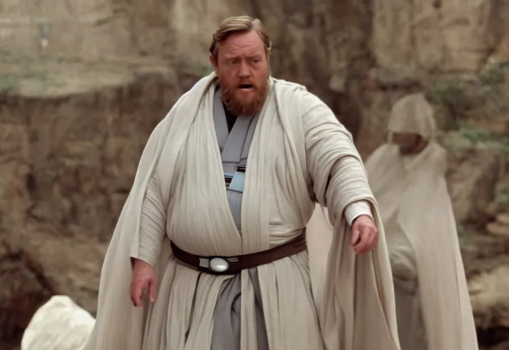 Image similar to obi wan kenobi but obese!! and overweight, photoralistic rendering, movie still, screenshot, hyperdetailed