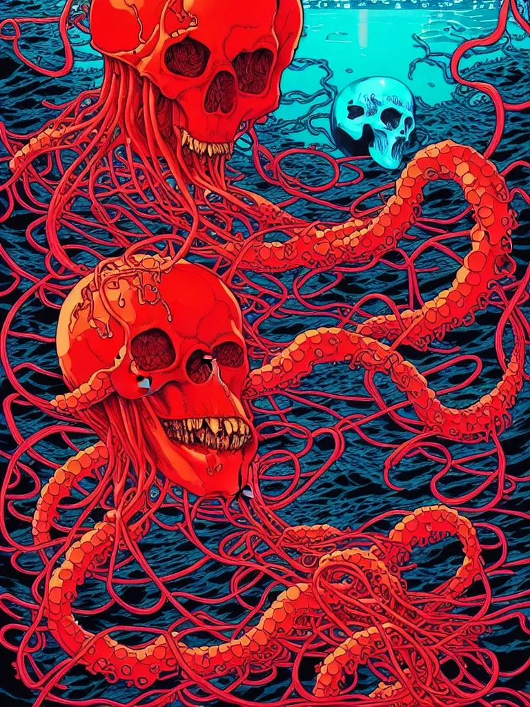 Prompt: a glowing red skull in the sea enveloped by jellyfish tendrils and black seaweed by josan gonzalez and dan mumford and albrecht anker and miho hirano and ross tran, highly detailed, high contrast, pop art