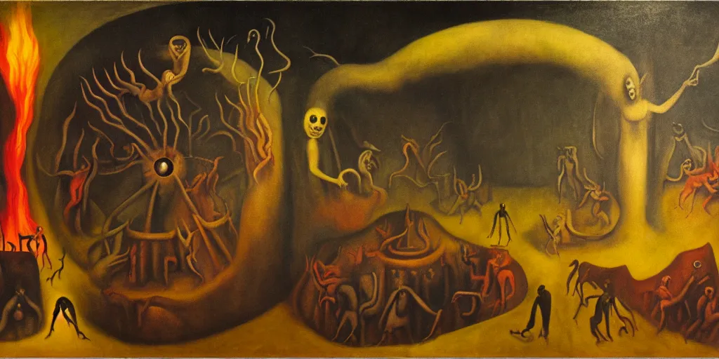 Image similar to trapped on a hedonic treadmill, dark uncanny surreal painting by leonora carrington, dramatic lighting from fire glow, mouth of hell, ixions wheel