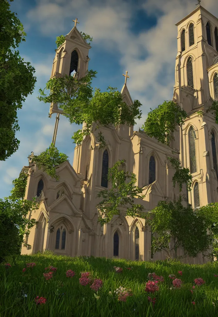 Prompt: a church filled with lots of plants and flowers, a flemish baroque by thomas cole, unsplash, baroque, sanctuary, rendered in unreal engine, unreal engine