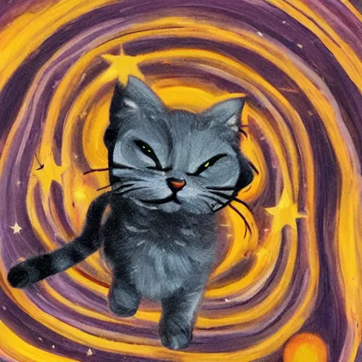 Image similar to baby wizard cat flying across the space with bright stars