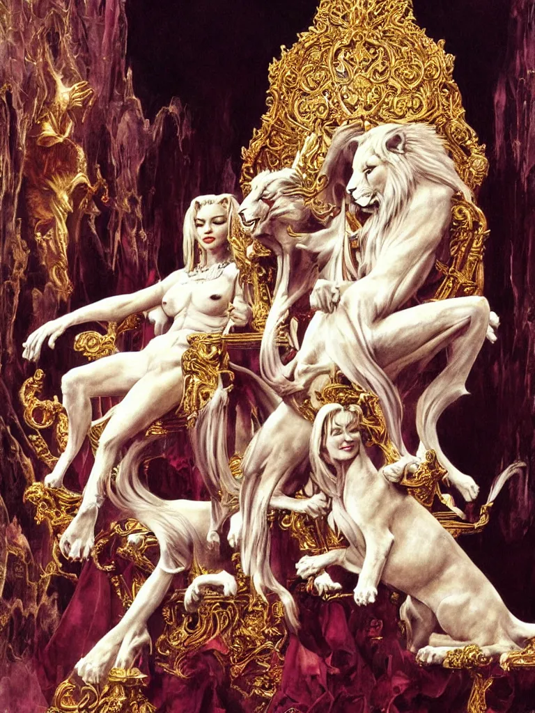 Prompt: Madonna on a gold throne with white Lion at her feet, a beautiful painting by Wayne Barlowe and Frank Frazetta