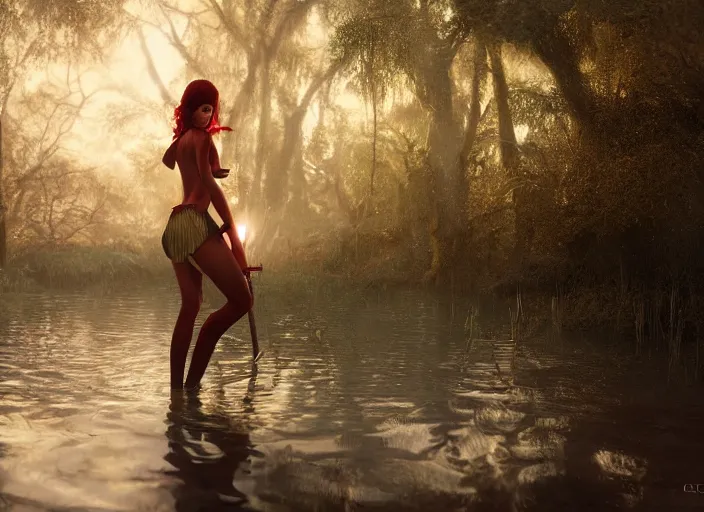 Image similar to glowing girl wading through swamp carrying a red flag , DSLR 85mm, by Craig Mullins, ilya kuvshinov, krenz cushart, artgerm, Unreal Engine 5, Lumen, Nanite