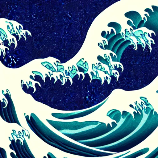 Image similar to great wave off kanagawa 3 d octane render, cg art render, raytracing, subsurface scattering, light refraction, high resolution render