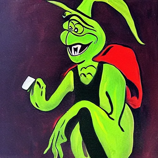 Prompt: a painting of the grinch dressed as a highwayman robbing a stagecoach