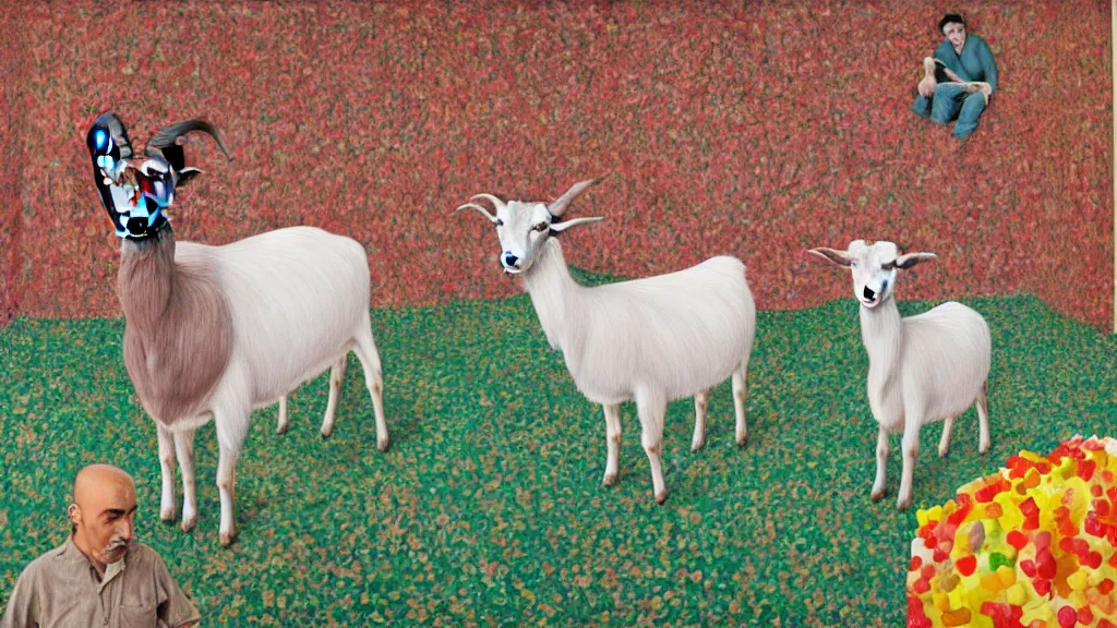 Prompt: highly detailed digital painting of a goat surrounding by all the known species of gummi bears, in the style of francesco clemente, by jesus christ, by a 3 rd grade substitute teacher, by ryoji ikeda, by kyle from mtv, by daniel radcliffe, by david lynch
