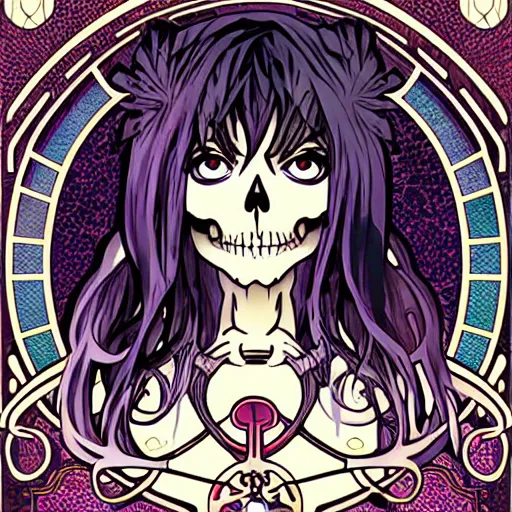 Prompt: anime manga skull portrait marvel young woman angel fairytale profile skeleton illustration style by Alphonse Mucha pop art nouveau