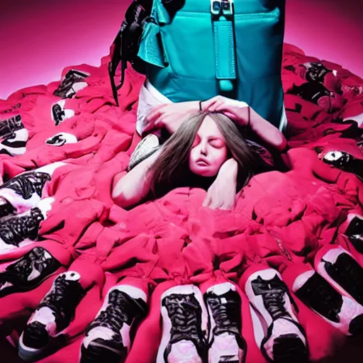 Image similar to a girl trapped under a big pile of backpacks, raf simons campaign, dramatic lighting, new york city