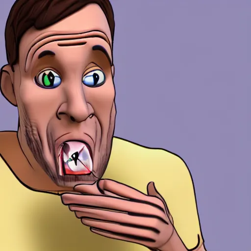 Image similar to a 3d cartoon of a man tasting a bandaid.