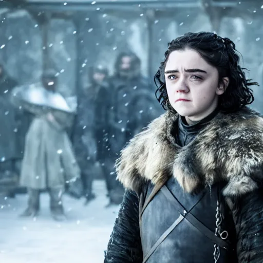 Image similar to maisie williams as jon snow from game of thrones, golden hour, cinematic