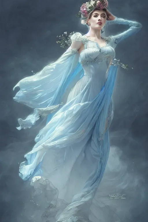 Image similar to beautiful!!! woman dressed in a vaporous wrapped large victorian pale blue roses silk semi-transparent dress fashion is running, fantasy, intricate, elegant, highly detailed, digital painting, trending on artstation, concept art, matte, sharp focus, illustration, art by Artgerm and Greg Rutkowski and Alphonse Mucha, instagram model