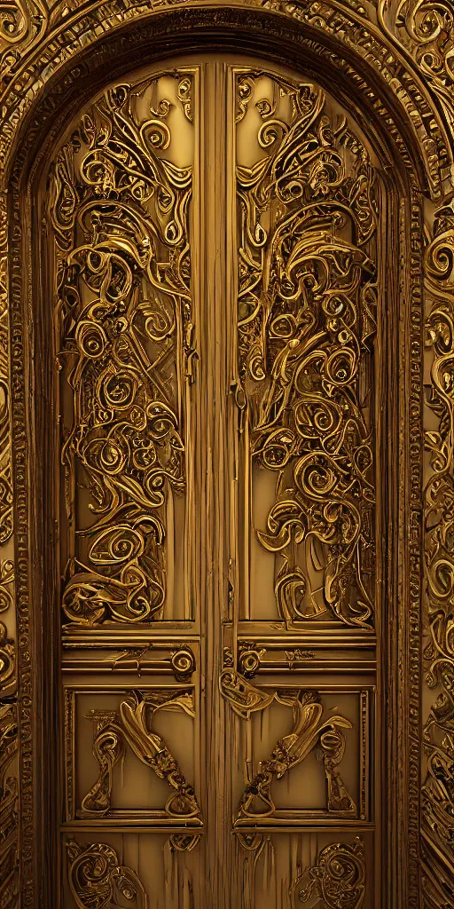 Image similar to an antique golden door with angelpunk style carvings, esoteric metalic design, dreamy, 8k, extreme detail, photorealistic, volumetric light, octane render, unreal engine, 16:9, ray tracing