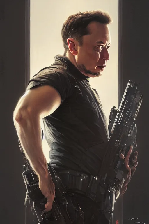 Image similar to elon musk as punisher, realistic portrait, symmetrical, highly detailed, digital painting, artstation, concept art, smooth, sharp focus, illustration, cinematic lighting, art by artgerm and greg rutkowski and alphonse mucha