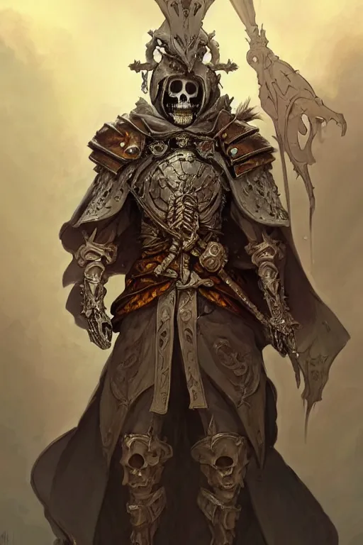 Image similar to archmage skeleton with a medival armour and antique silk robes inspired by peter mohrbacher, D&D, face, fantasy, intricate, elegant, highly detailed, digital painting, artstation, concept art, smooth, sharp focus, illustration, art by artgerm and greg rutkowski and alphonse mucha