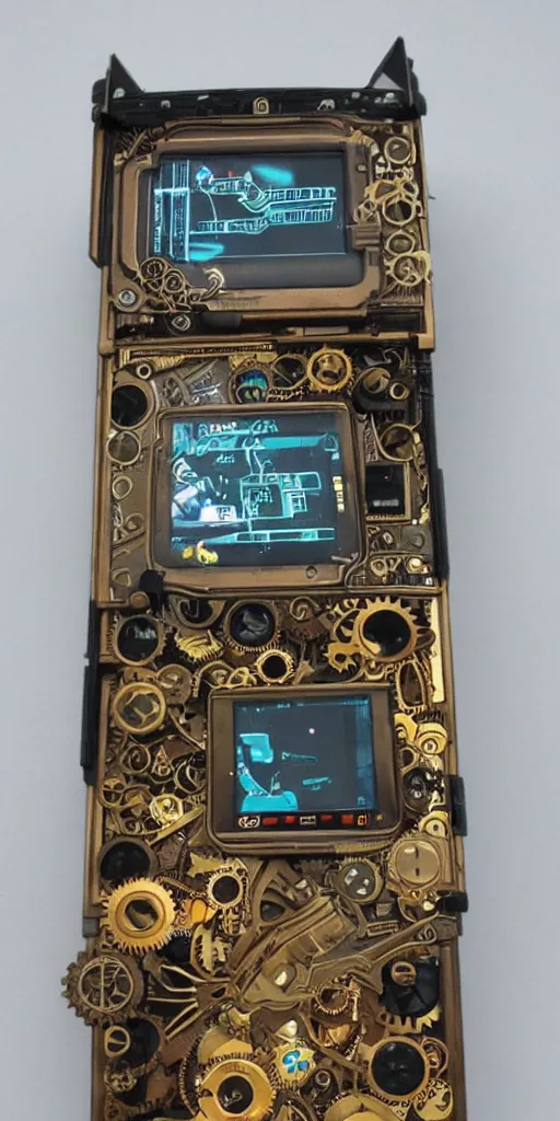 Image similar to an extremely complex and advanced steampunk gameboy