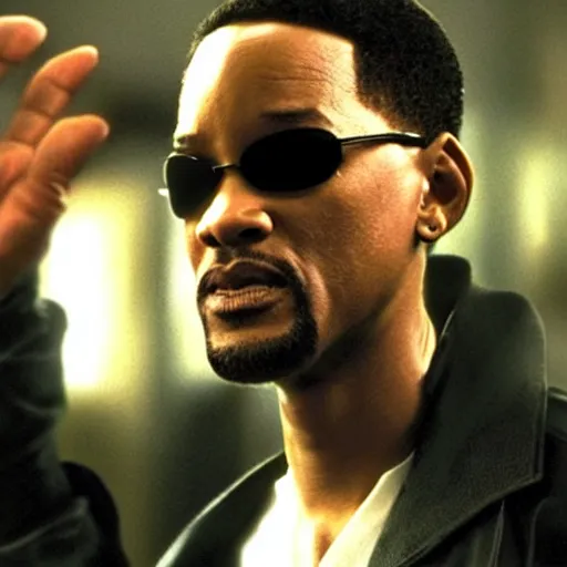 Image similar to will smith as neo in the matrix movies, cinematic, atmosphere, dynamic light, ultra realistic, very detailed