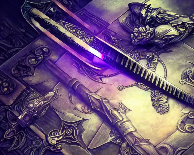 Prompt: legendary glowing sword of cybernetic technology on a table, digital award winning artwork, intimate dark moody, intricate, long sharp black and iridescent blade, ornate spikes, colorful hilt, detailed realistic, raytraced blade, colored gems, golden pommel, trending on artstation and deviantart