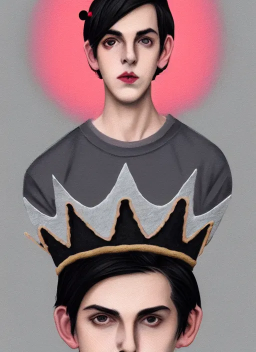 Prompt: portrait of teenage jughead jones wearing a light grey crown, photorealistic, crown made of fabric, crown with pin badges, crown with pins, crown made of felt, black hair, intricate, elegant, highly detailed, digital painting, glowing lights, artstation, concept art, smooth, sharp focus, illustration, art by wlop, mars ravelo and greg rutkowski