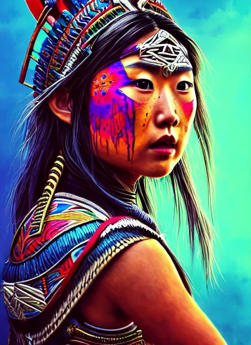 Image similar to portrait of karen fukuhara, hyper detailed ultra sharp aztec shaman warrior. trending on artstation, warpaint aesthetic, bloodwave, colorful, psychedelic, ornate, intricate, digital painting, concept art, smooth, sharp focus, illustration, art by artgerm and greg rutkowski and h. r. giger, 8 k