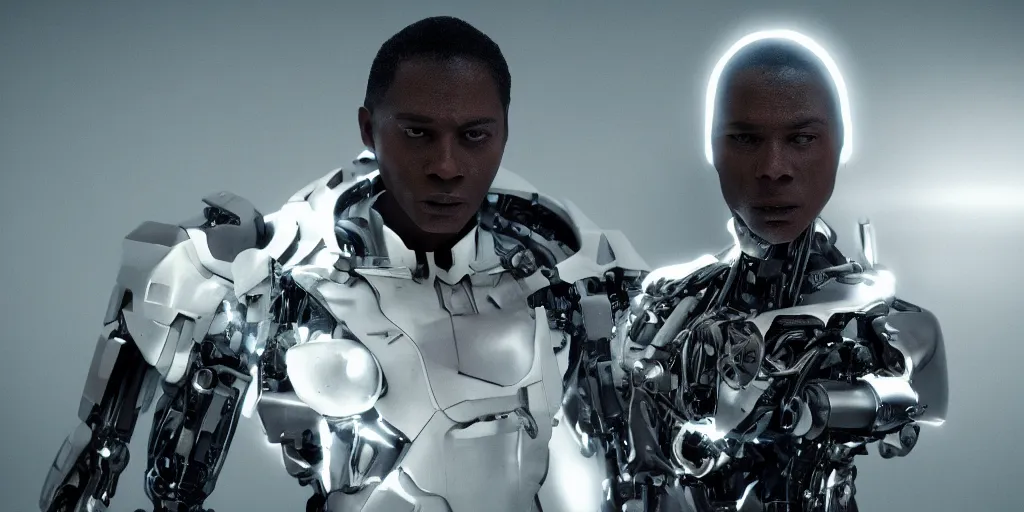 Prompt: a science fiction film still of a black man starring as a cyborg, award winning cgi, vfx, surrealism, film photography