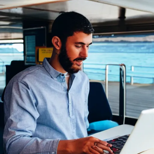 Prompt: Man riding inside of a ferry works on a laptop writing code while eating ice cream