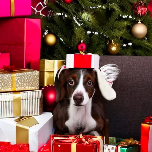 Image similar to A surprised dog getting caught opening Christmas presents