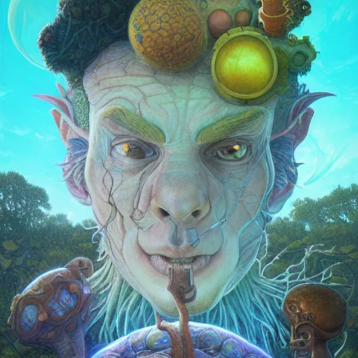 Image similar to fungus labyrinth mohawk projector portrait by gaston bussierre and charles vess and james jean and erik jones and rhads, inspired by rick and morty, epic, funny, huge scale, beautiful fine face features, intricate high details, sharp, ultradetailed