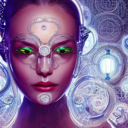 Image similar to woman integrating with technology, full face, detailed intricate ornate cables connected to head, big open electric eyes, luxurious detailed abundent wiring and implants, diamonds, sci-fi, neon, emeralds, detailed technology full background, highly detailed, artstation, Rene Lalique and Eddie Mendoza