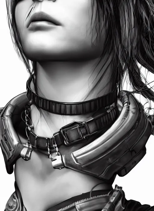 Image similar to detailed realistic female character cyberpunk wearing thick technological collar around neck, realistic, art, beautiful, 4K, collar, choker, collar around neck, punk, artstation, detailed, female, woman, choker, cyberpunk, punk, collar, choker, collar around neck,