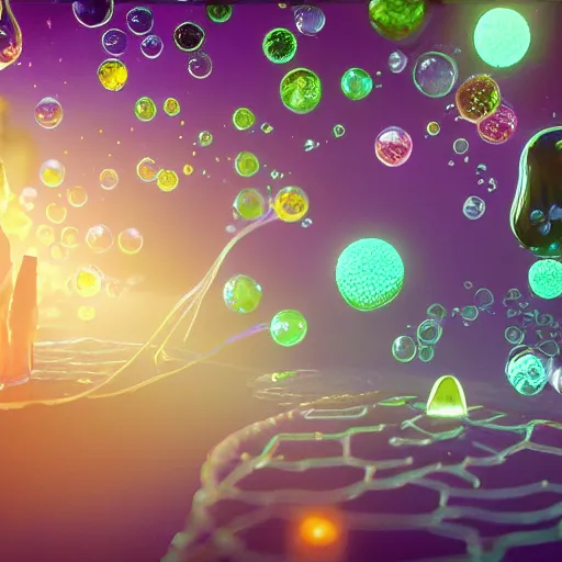 Prompt: tiny potions, floating, rbc, radiolaria, protophyta, micro - organisms, center frame, symmetric, rim light, marine microbiology, bioluminescence, electric, soft, concept art, intricate details, highly detailed, colorful, photorealistic, disney pixar, octane render, iridescent, anime, 8 k