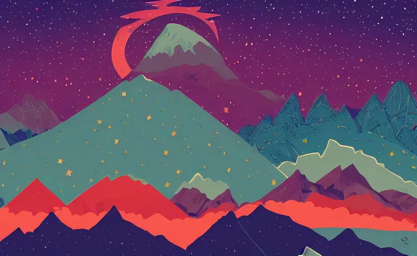 Image similar to mountains, stars and paisley filled sky, artstation, intricate, highly detailed, digital painting, concept art, sharp focus, illustration by Tom Whalen and Charles Williams
