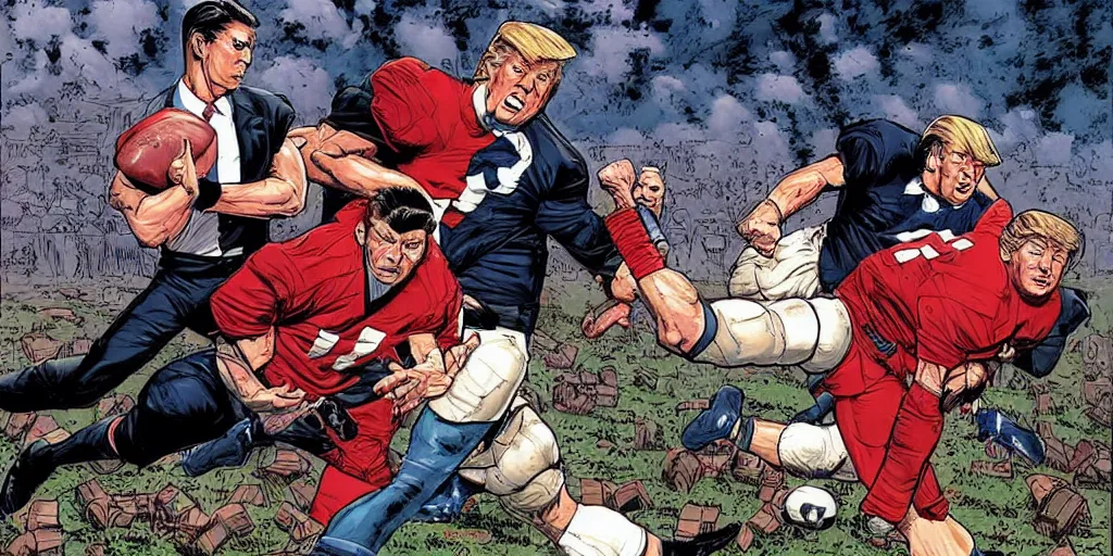 Prompt: Reagan teaching Trump how to block kicks. Epic painting by James Gurney and (Laurie Greasley).