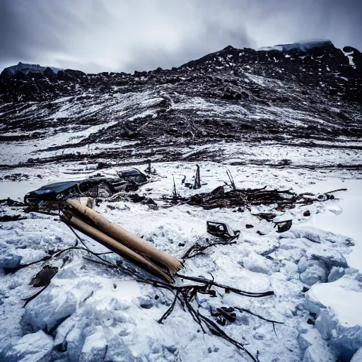 Image similar to dark smoking crash wreckage in far distance in deep canyon in Antarctica, overcast, snow plains, single light source, overhead light, wires, dark, gloomy, cinematic, vray, wreckage, dirty, overhead light, soft light, dark