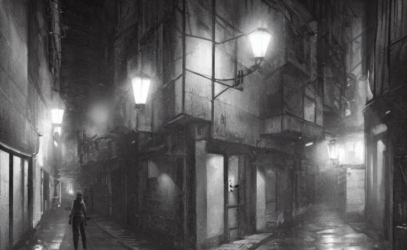 Prompt: dim lit, hongkong dark alley street with a man walking, depth of field, very atmospheric, matte painting, artstation