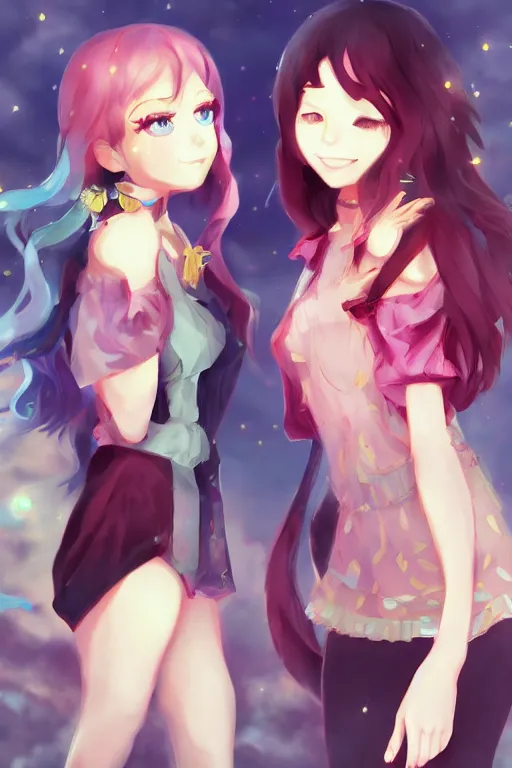 Prompt: two beautiful idols standing face to face, trending artstation, pixiv, detailed digital art