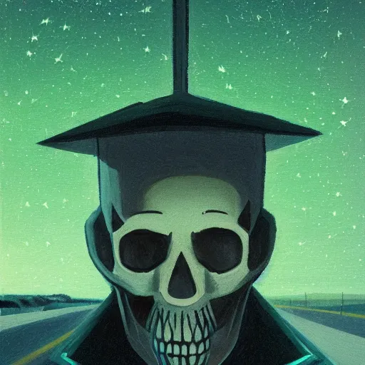 Image similar to a detailed portrait of a lonely man with a skull as his head waiting for the bus at night, green dramatic and cinematic light from the streetlight, the background is the sky full of stars, in the style of edward hopper, 4 k,