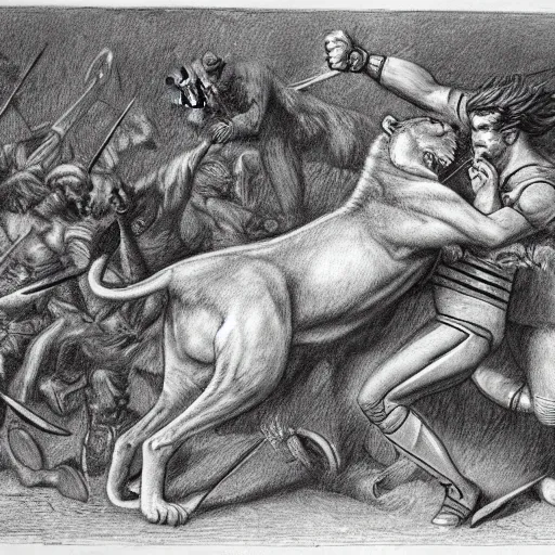 Image similar to hero fighting against a lion in the middle of an arena, crowd of people, pencil art, added detail, high definiton