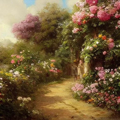 Image similar to landscape jean-Baptiste Monge and Solomon Joseph Solomon and Richard Schmid and Jeremy Lipking victorian landscape genre painting portrait painting of an english country cottage with a stone path and flower garden