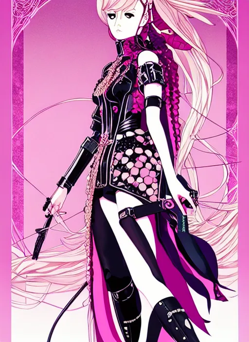 Image similar to tomer hanuka highly detailed terada katsuya artstation minaba hideo fantastic fate shigenori soejima manga poster of princess mechine, long hair, armor, dress, laces, ruffles, 8 k, fluorescent, maximalist, jump comics, art nouveau