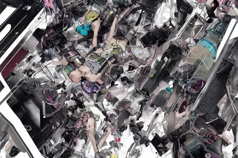 Prompt: a cyberpunk illustration of a group of female androids in style of masamune shirow, lying on an abstract, empty, white floor with their body parts scattered around in various poses and cables and wires coming out, by yukito kishiro and katsuhiro otomo, hyper-detailed, intricate, view from above