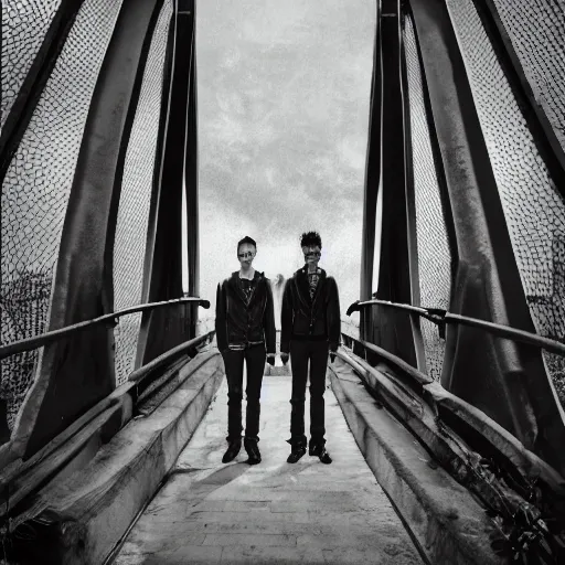 Image similar to two young men, one man human, one man vampire, night, on a bridge, in the style of one piece