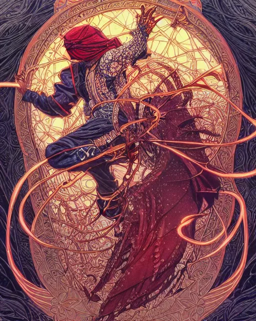 Prompt: hyper detailed illustration of abu yusif, intricate linework, lighting poster by moebius, ayami kojima, 9 0's anime, retro fantasy