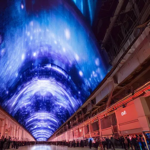 Prompt: high quality professional canon wide - angle lens photo of large scale immersive public art installation by refik anadol inside printworks london venue width large led screen on ceiling, mirror on floor and big sphere for video projection on center.. installation about deep nebula space and proto planet. planet visually reacts people with color fluid wave on the surface.