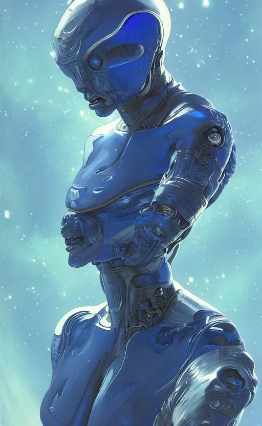 Image similar to portrait of a blue alien wearing a tight and smooth space suit, magical artifact, filaments, intimidating, intricate, headshot, highly detailed, digital painting, artstation, concept art, sharp focus, cinematic lighting, illustration, art by artgerm and greg rutkowski, alphonse mucha, cgsociety