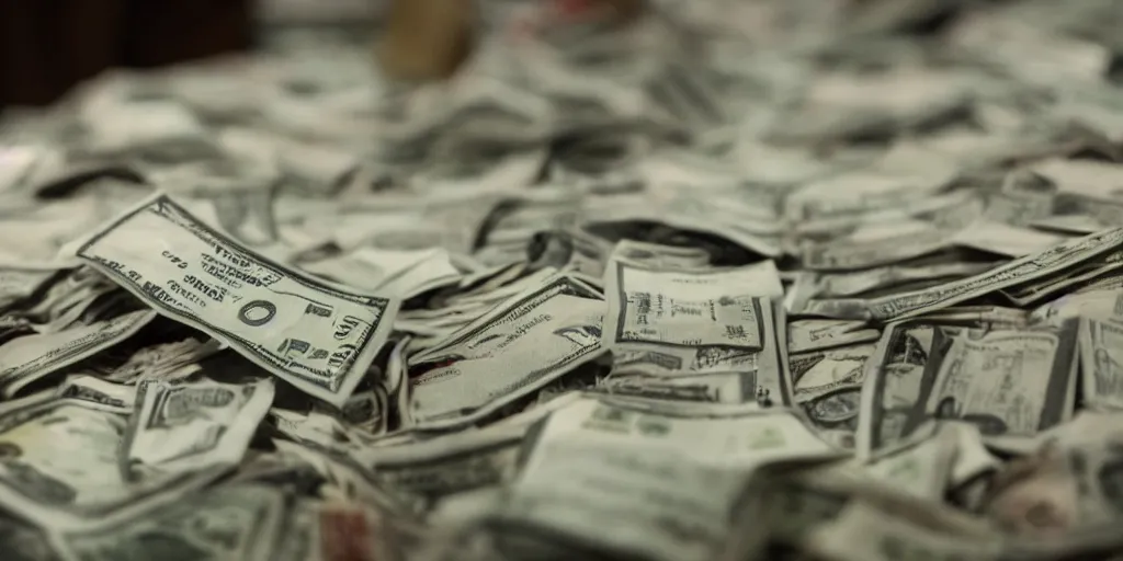 Prompt: a film still of money piling up in a vault, shallow depth of field, cinematic, award winning cgi, vfx, film still