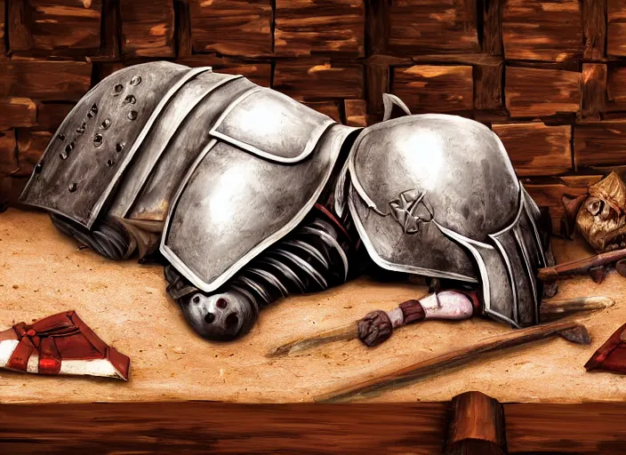 Image similar to a beautiful composition detailed photograph of a dead poisoned armored knight paladin lying in a wooden bed in a cell in a dungeon. strong knight. wooden bed. a rat looking the corpse