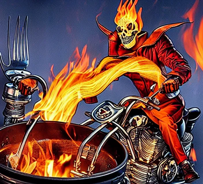 Prompt: ghost rider cooking eggs with his fire